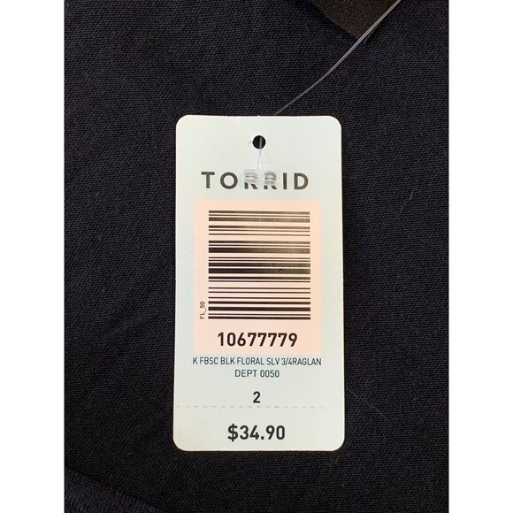Torrid Black Plus Size 2 2X Black Floral Raglan 3/4 Sleeve Top Shirt NWT New - Picture 6 of 7